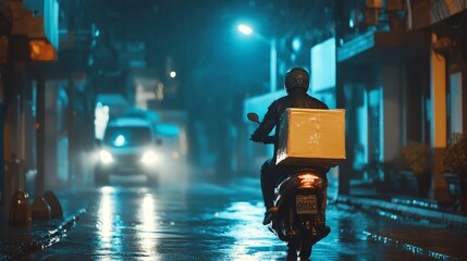 Urban Delivery Rider Riding Through Rainy Night Streets