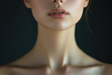 Fototapeta premium Woman's face is shown with a focus on her neck. The neck is smooth and shiny, and the woman's lips are slightly parted. Concept of elegance and beauty