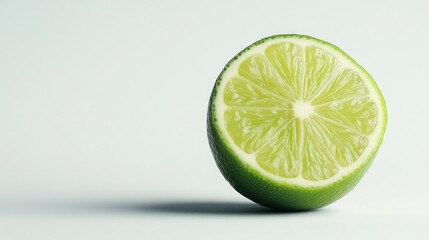 Lime is cut in half and is sitting on a white background. The lime is green and has a fresh, healthy appearance