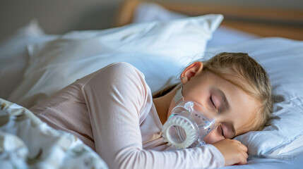 Breathing problems, oxygen therapy, respiratory health concept. Girl 5-6 years wearing oxygen mask sleeping in bed, recovering after sickness treatment in hospital ward.