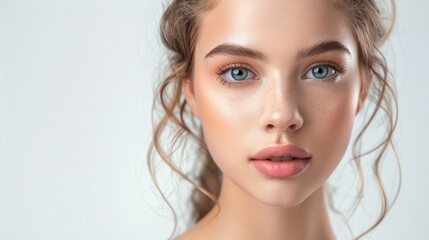 Naklejka premium Woman with long hair and a pretty smile. She has a light pink lip color. Concept of beauty and confidence