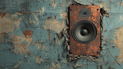 A weathered, cracked wall reveals a hidden speaker, combining raw urban textures with high-tech sound, symbolizing the fusion of design and innovation.