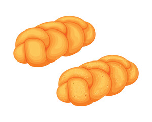 Challah. The bread is braided. Sweet flour dessert. A sesame bun. The vector illustration is isolated on a white background.