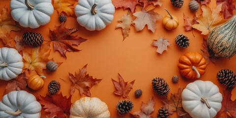 Colorful autumn scene with pumpkins, leaves, and pine cones. The image conveys a warm and cozy feeling, reminiscent of the fall season
