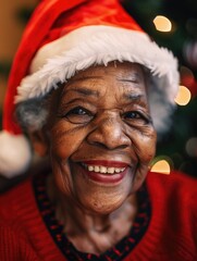 Woman wearing a red hat and a red sweater is smiling. She is wearing red and white