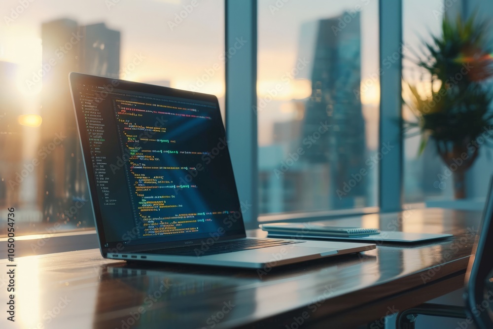 Poster a serene scene of a laptop displaying programming code set against a backdrop of a warm sunset, symb