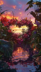 A heart shaped flower bouquet in a vibrant garden at sunset perfect for romantic celebrations