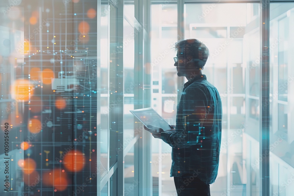 Poster a man using a tablet in a contemporary data server room, demonstrating the interaction between techn