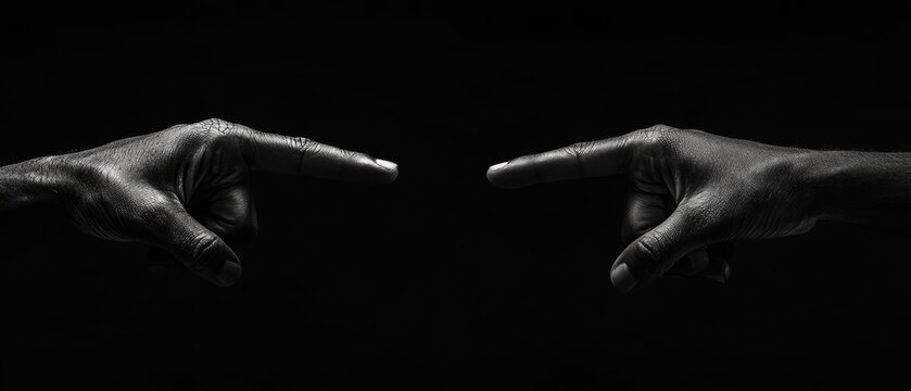 Artistic representation of hands pointing forward against a solid black background, symbolizing guidance and engagement in a visually arresting composition that captures attention