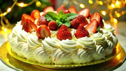 A creamy dessert cake with fresh strawberry slices and a sprig of mint, lit by warm fairy lights.