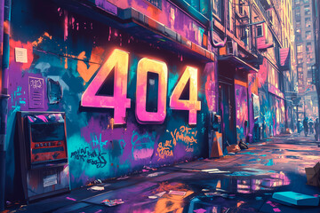 
An urban 404 error page with big bold text "404" displayed in bold graffiti style, surrounded by colorful splashes and street art elements, capturing a lively city feel
