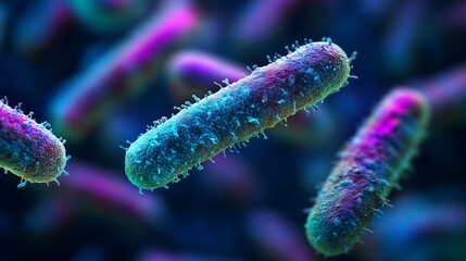 Naklejka premium A close-up 3D illustration of bacteria with vibrant colors and complex textures, showcasing various cell shapes of the microscopic world of microbiology.