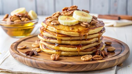 A stack of golden brown pancakes, drizzled with sweet syrup, topped with banana slices and pecan halves, served on a rustic wooden board