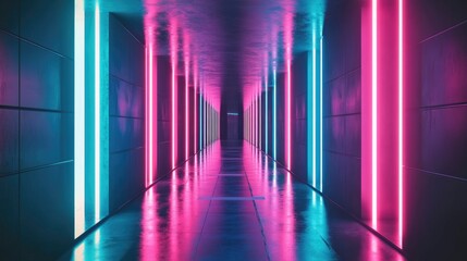 Fototapeta premium Long, brightly lit hallway with neon lights that are blue and pink. The walls are painted in these colors, creating a vibrant and energetic atmosphere. The hallway is empty