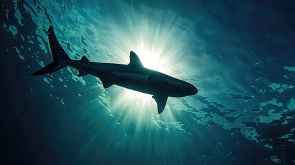 Obraz premium Shark is swimming in the ocean with the sun shining on it. Concept of freedom and power, as the shark moves through the water with grace and strength