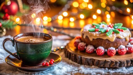 Fototapeta premium A steaming cup of coffee and a festive cake, adorned with holly and frosted berries, create a warm and inviting scene.