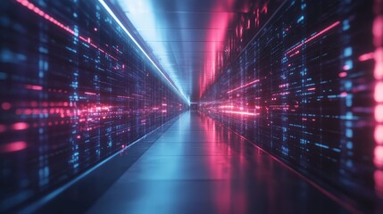 Futuristic Digital Corridor with Neon Lights and Data Streams