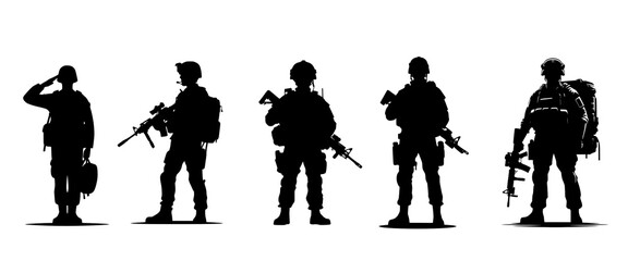 Set of Army Force Soldier Military silhouette vector.