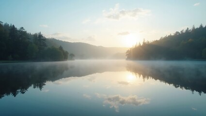 Fototapeta premium Tranquil lake at dawn reflecting sky and trees