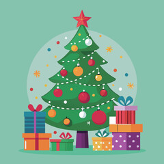 Naklejka premium Christmas Tree Decorated with Ornaments and Gifts AI generated