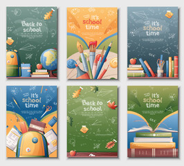 School banners set. Back to school, knowledge, education. Postcard with school board and chalk lettering. Posters with school textbooks, books, backpack, paints. Vector set of a4 size flyers