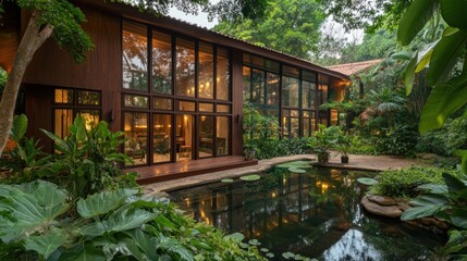 Modern sustainable building with large glass windows, surrounded by greenery and a pond.