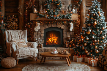 ambiance hivernale, no&euml;l, froid, int&eacute;rieur cosy, chalet, boisson chaude, chemin&eacute;e, salon douillet