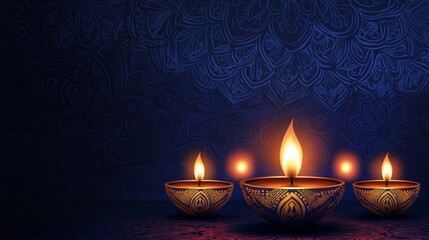 Elegant Diwali Diyas with Glowing Flames Against a Dark Blue Background