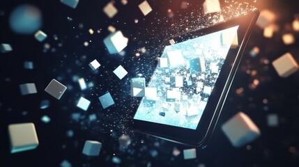 Fototapeta premium A digital tablet emits floating 3D cubes, symbolizing data transfer and modern technology in a dynamic, abstract environment.