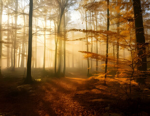 Obraz premium Misty autumn forest morning, the warm color palette of the autumn nature