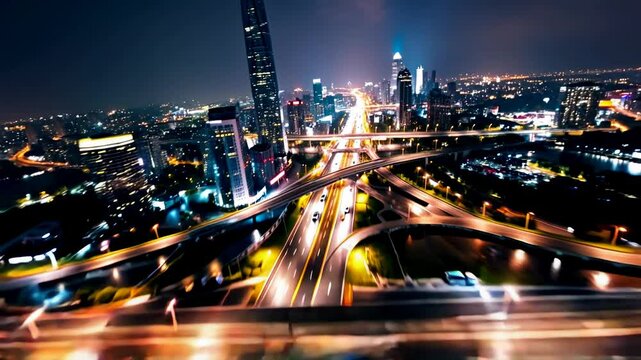 Dynamic motion camera hyperlapse night City transport interchange aerial topdown realistic panorama.