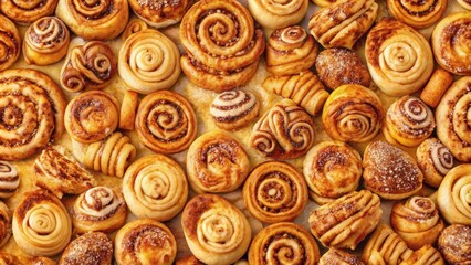Fototapeta premium A close-up of a variety of freshly baked pastries with a sweet cinnamon glaze, capturing the textures and golden hues of the delicious treats.