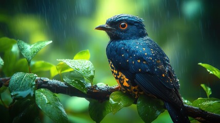 Fototapeta premium A small blue and yellow bird with orange eyes perches on a branch in a rainforest, with rain falling around it.
