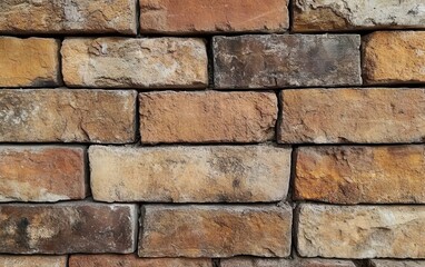Obraz premium A close-up view of an old, weathered brick wall showcasing a rustic texture, with varying shades of red and brown bricks. 