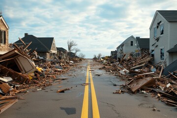 Fototapeta premium Destruction and devastation along a deserted road after a natural disaster.