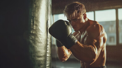 Fit man practicing boxing with a punching bag, intense cardio workout, modern gym setting