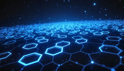 Obraz premium The composition features a hexagonal grid structure glowing in shades of blue, surrounded by sparkling particles, creating a mesmerizing digital atmosphere