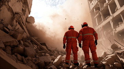 Fototapeta premium Rescue workers surveying a disaster site amidst rubble and dust.
