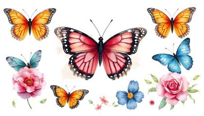 Butterfly watercolor illustration.Manual composition.Big Set watercolor elements isolated with white highlights, png