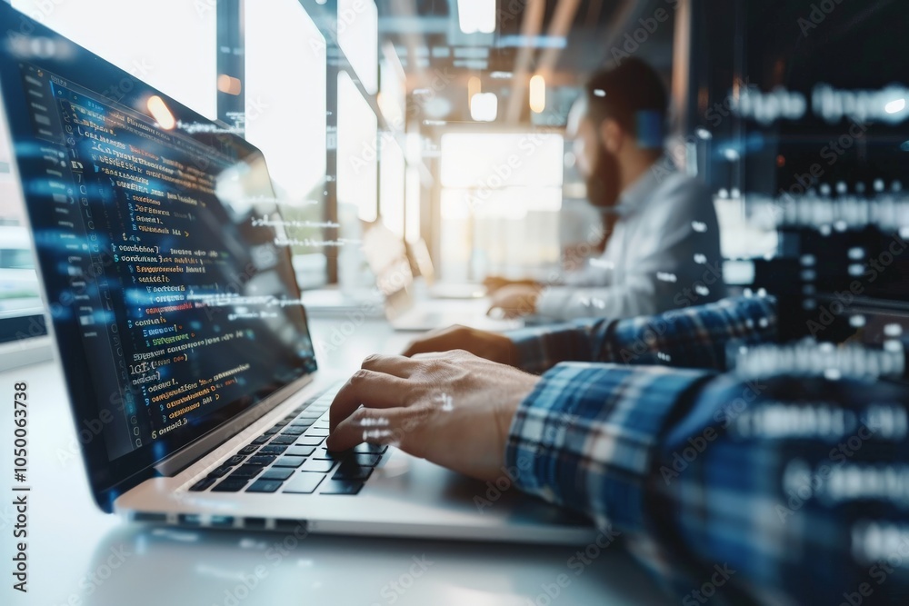 Poster hands are actively coding on a laptop keyboard, with a dynamic overlay of code projected across the 