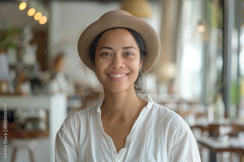 Wall mural a warmly dressed woman smiles in a cozy cafe background, capturing a serene and inviting atmosphere.