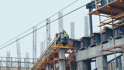 Construction Site Active Workers Elevated Perspective Blue Sky Structure