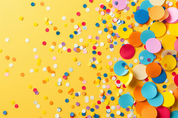 Abstract festive yellow wallpaper with confetti. Background, illustration. Celebration, party, holiday.