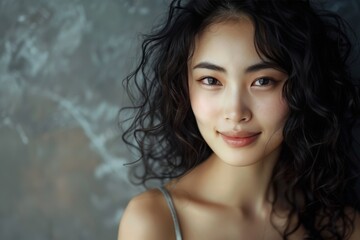 A woman with curly hair smiles gently in a softly lit indoor setting. Her confident yet relaxed posture suggests warmth and amiability in her presence.