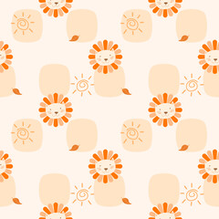 Cat face flower cartoon so cute.on sun leaf polka dot orange background.pattern seamless vector and illustration.