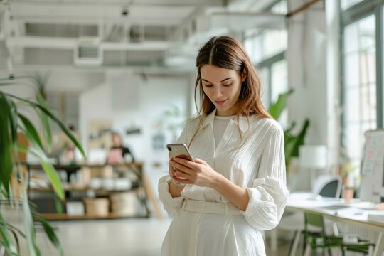 A professional woman in a white blouse is engrossed in her phone within a spacious, plant-filled office environment, symbolizing connectivity and modern work ethics.