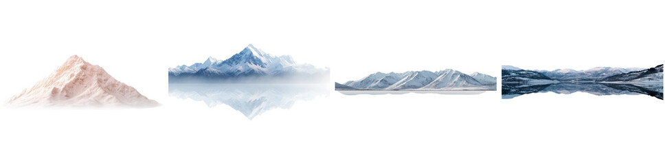 Snowy mountain peaks rise against a clear sky, reflecting beautifully in still waters below. The tranquil scene captures the splendor of nature at dawn, inviting serenity and admiration