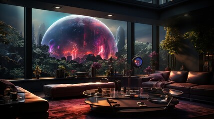 Futuristic Living Room with Cosmic View