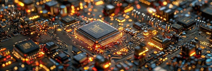 Obraz premium Quantum Computing Chips and Circuitry. Computer Circuit Board. Motherboard Close-Up.