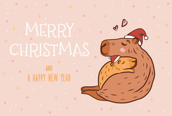 Cute capybara family - mother and baby with Santa hat. Greeting card - Merry Christmas and happy new year. Vector illustration.
